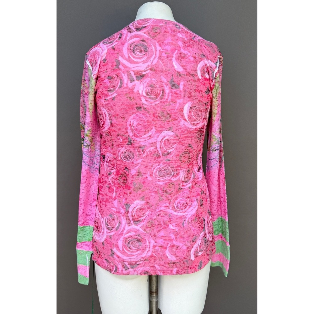 Whimsy Rose Pink Floral Knit Top Waffle Large Botanical Long Sleeve Cottagecore - Picture 5 of 13